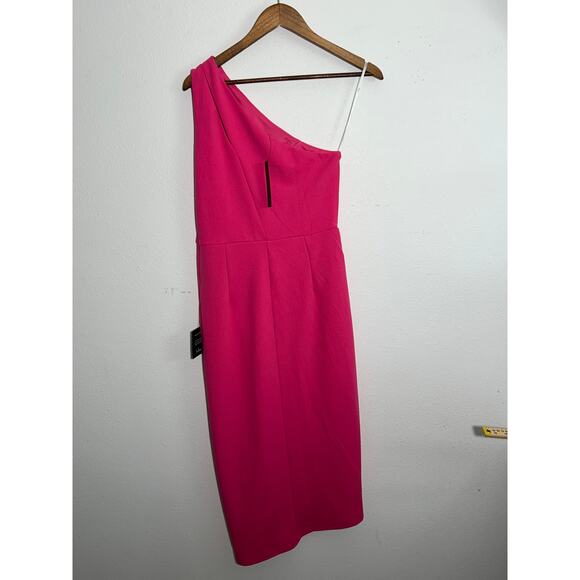 New Lulus Cocktail Club "So Flirty" Hot Pink One Shoulder Midi Dress Size M - Picture 2 of 6